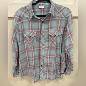 Pink Lily Blue and Red Casual Button Down Shirt